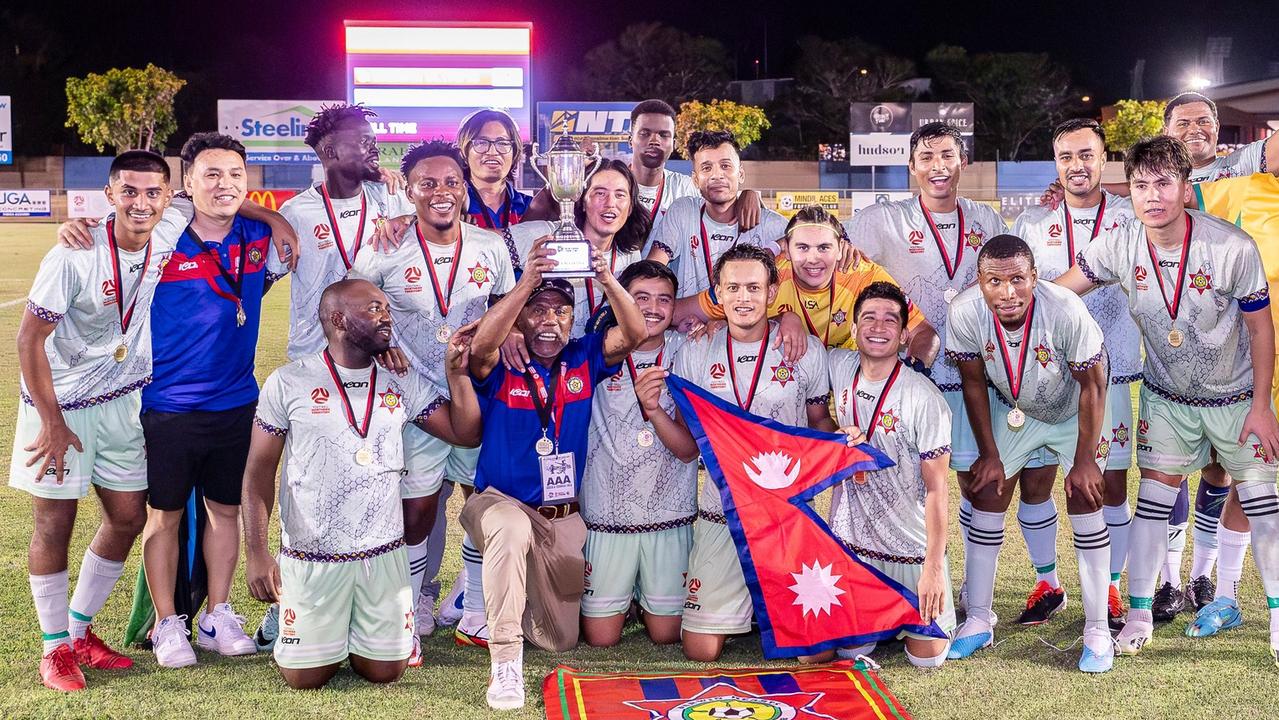 Darwin Hearts FC Men's MPL team celebrating their victory over Darwin Olympic in the FNT FA Cup grand final. Picture: Daniel Abrantes Photography.