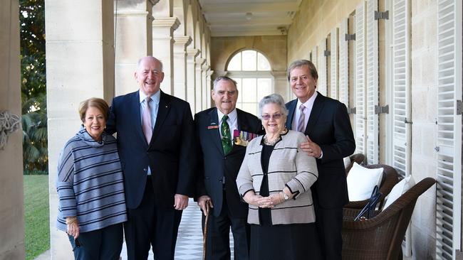 Keith and Florence Payne with Ray Martin, Sir Peter Cosgrove and Lady Cosgrove at Admiralty House in Sydney. Supplied by SBS-TV.