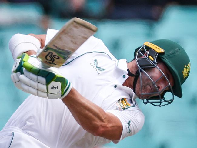 Elgar found himself dodging another Australian fast-bowling barrage. Picture: David Gray/AFP