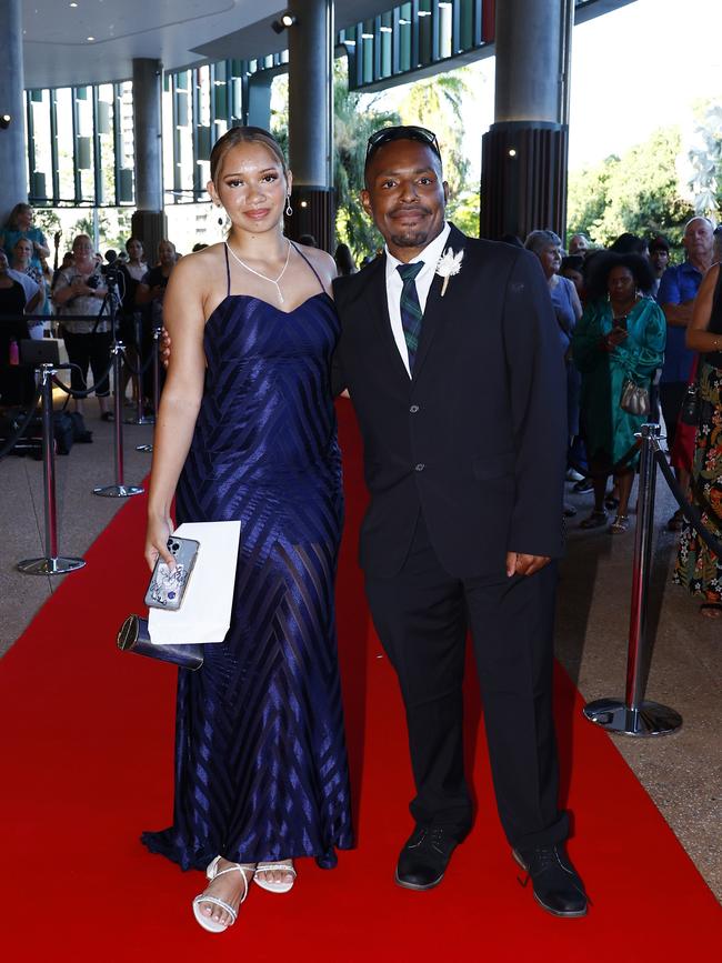 Felicity Matapere and Lome Mapiso arrive at the Trinity Bay High School formal evening, held at the Cairns Convention Centre. Picture: Brendan Radke