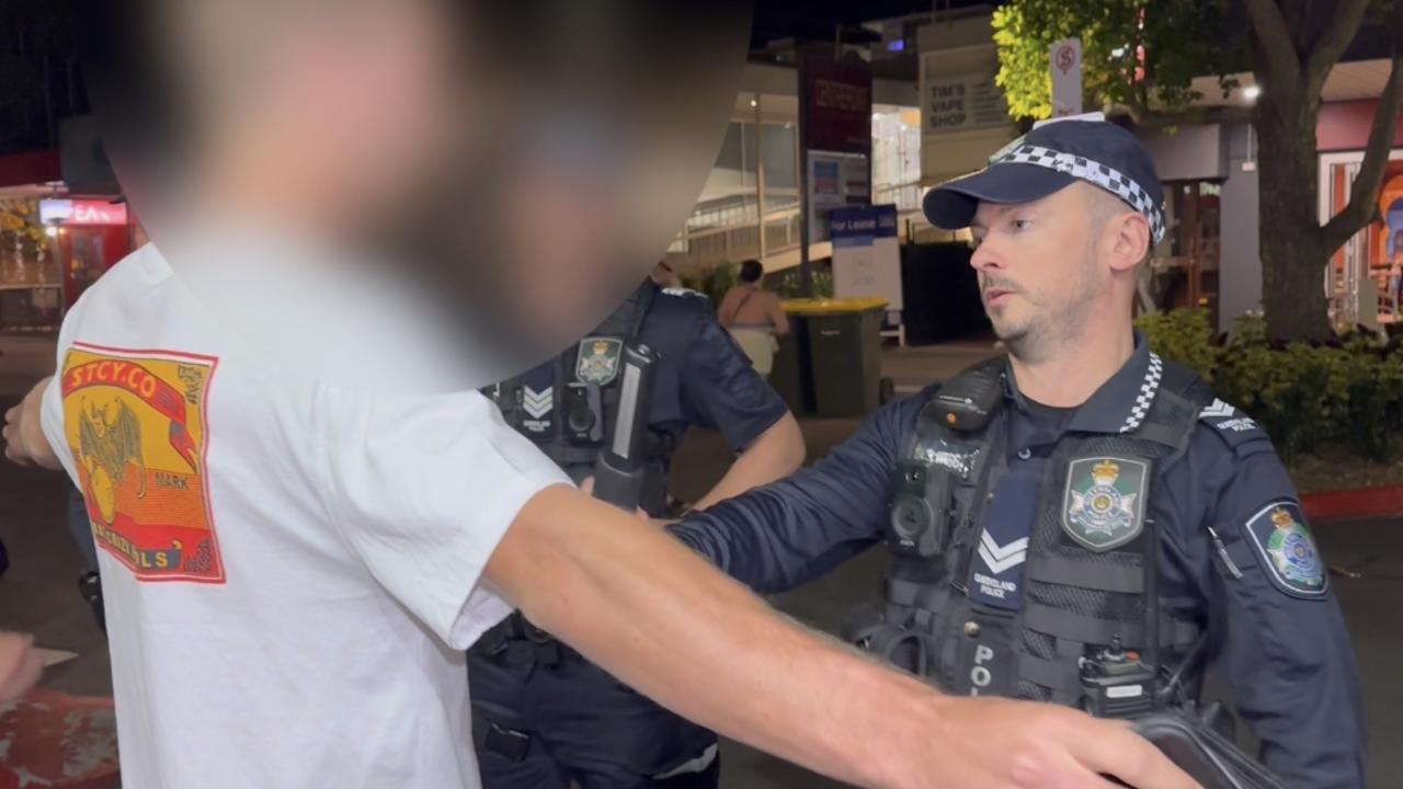 Sunshine Coast police search people for knives in the Ocean St party precinct in Maroochydore. Picture: Letea Cavander