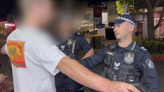 Sunshine Coast police search people for knives in the Ocean St party precinct in Maroochydore. Picture: Letea Cavander