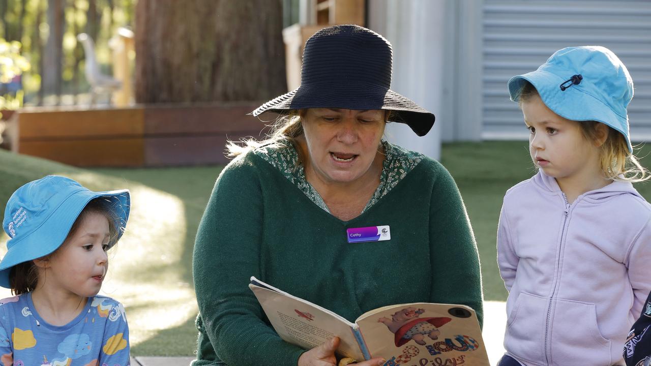 Belrose Childcare Centre is the state’s highest ranked childcare centre, according to KindiCare. Educator, Cathy Chiddy with Eddi and Madelene Photo credit: Karen Watson, Northern Beaches Council