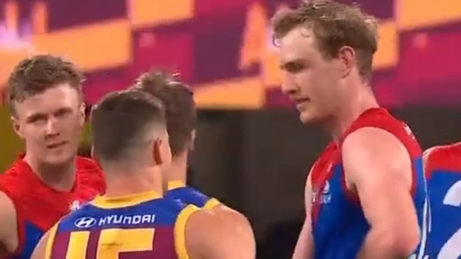 Harrison Petty seen upset after he was sledged by Lions  Dayne Zorko . Screen grabs Channel 7