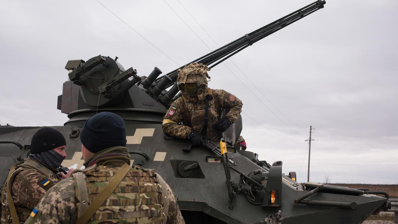 Ukrainian APC as seen on the road in Sytniaky, Ukraine. Russia continues assault on Ukraine's major cities, including the capital Kyiv, more than a week after launching a large-scale invasion of the country. Picture: Getty