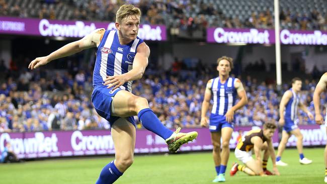 Jack Ziebell puts North Melbourne into attack. Picture: Michael Klein