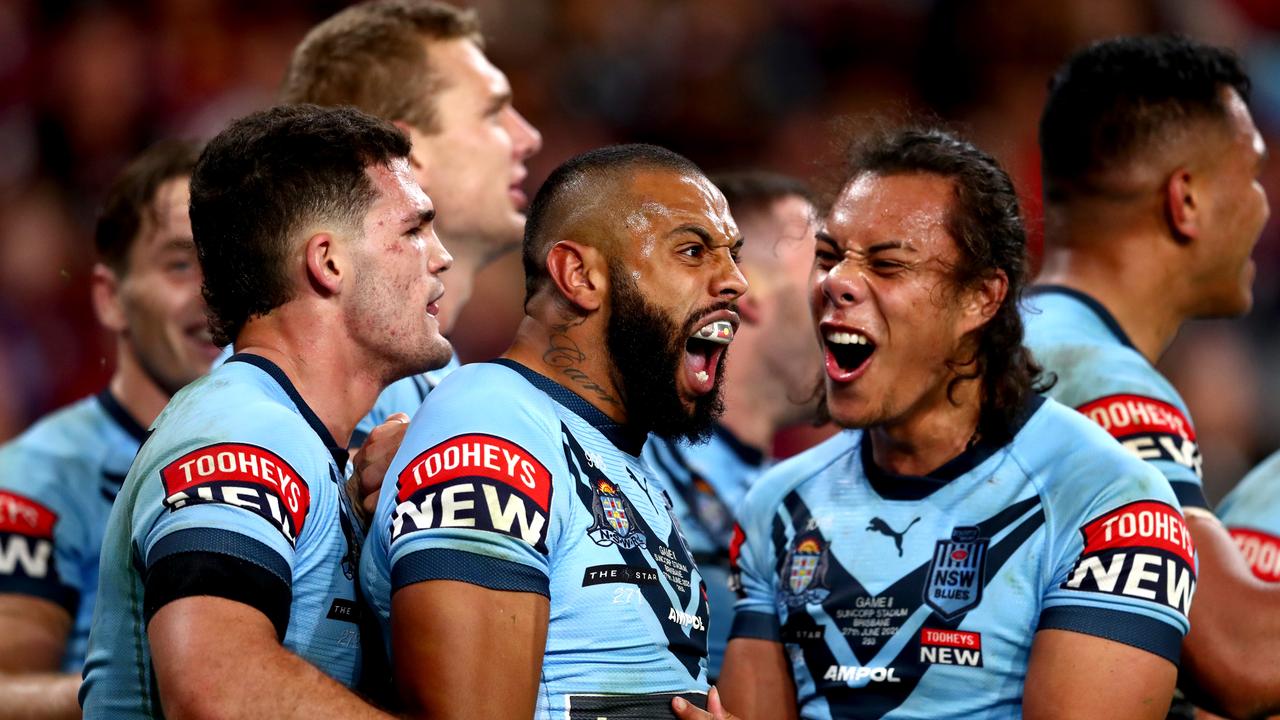 Josh Addo-Carr of the Blues celebrates after scoring a try with Jarome Luai