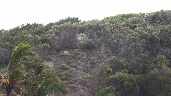 A tent perched on the edge of Magic Mountain during wet weather on the Gold Coast. Picture: Glenn Hampson.