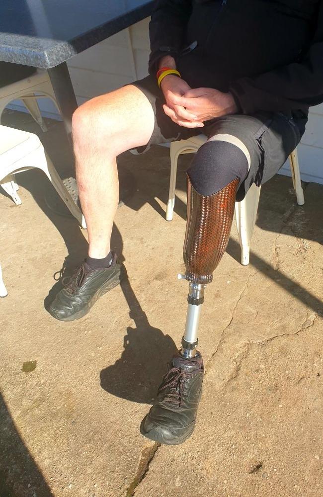 Penguin man Garth Johnston's prosthetic leg, made from resin, titanium, carbon fibre, and other materials. Picture: Contributed