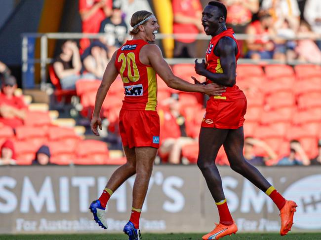 Mabior Chol of the Suns celebrates a goal during the 2023 VFL Preliminary Final match between the Gold Coast SUNS and The Box Hill Hawks at Heritage Bank Stadium on September 16, 2023 in Gold Coast, Australia. (Photo by Russell Freeman/AFL Photos via Getty Images)