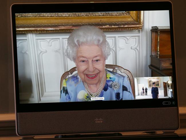 Queen Elizabeth in a videolink from Windsor Castle, during a virtual audience with Ivita Burmistre, the Ambassador of Latvia at Buckingham Palace. picture: Getty Images.