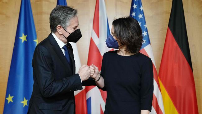 Annalena Baerbock greets Antony Blinken in Berlin on Thursday. Picture: AFP