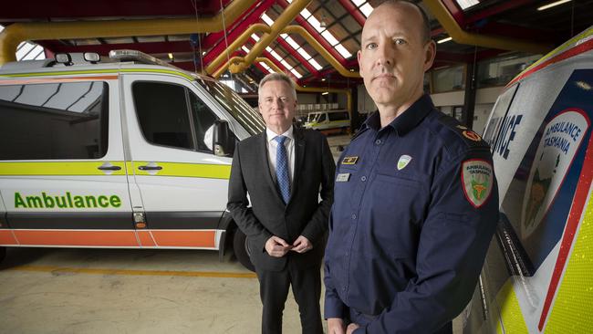 Premier Jeremy Rockliff and Ambulance Tasmania Cheif Executive Joe Acker at Hobart. Picture: Chris Kidd