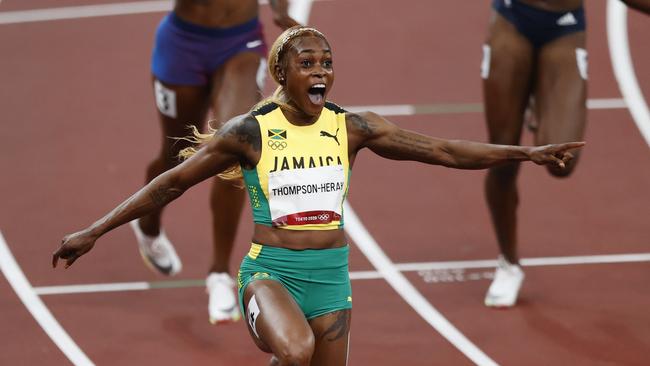 Jamaica’s Elaine Thompson-Herah wins the final of the Women’s 100m in Tokyo. Picture: Alex Coppel