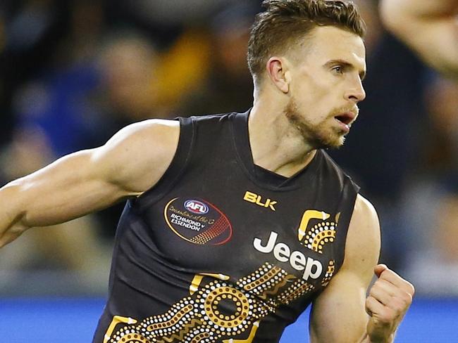 AFL Round 18. Hawthorn vs Richmond at the MCG. Brett Deledio celebrates last qtr goal putting the Tigers 25 points infront. Pic: Michael Klein