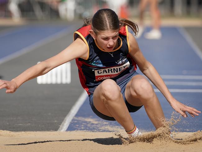 Little Athletics National Championships - At the SA Athletics Stadium, Mile End. SAÃs Ruby Carney competing in the Triple jump. 28 April 2024. Picture Dean Martin