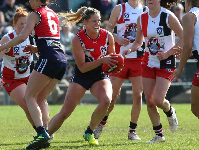 Katie Brennan of Darebin in action during VFL women's footy: Darebin Falcons v St Kilda at Coburg City Oval on Saturday, September 16, 2017, in Coburg, Victoria, Australia.Picture: Hamish Blair