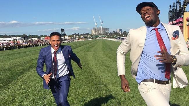 Usain Bolt and John Steffensen running on the Flemington racecourse. Picture: Instagram