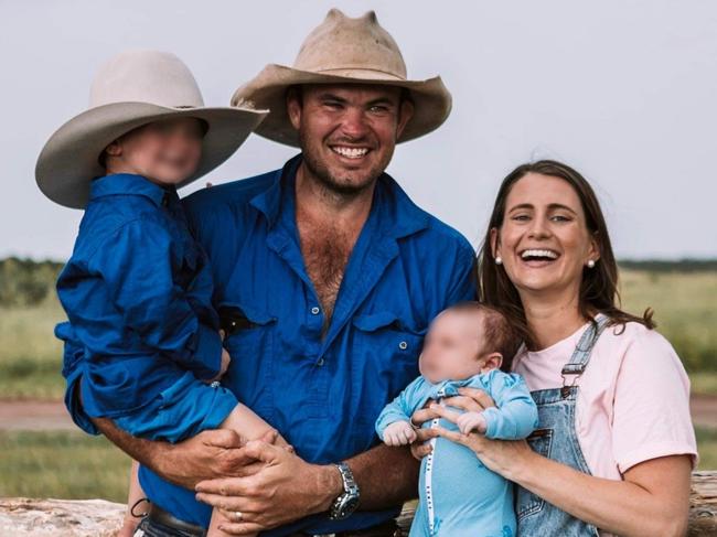 Chris ‘Willow’ Wilson with his family wife Danielle and their two young sons Ted (5) and Austin (2). The 34-year-old father-of-two was tragically killed in a helicopter crash in a remote part of West Arnhem Land last Monday while collecting crocodile eggs. Pictures - Supplied