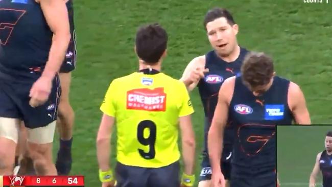 Toby Greene in the moments before making contact. Picture: Fox Footy