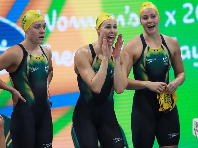 Australia's 4 x 200m freestyle relay heat on day five of the swimming Tamsin Cook, Bronte Barratt and Leah Nealecheer on Jess Ashwood, the Aussies second fastest at the Rio 2016 Olympic Games. Picture. Phil Hillyard