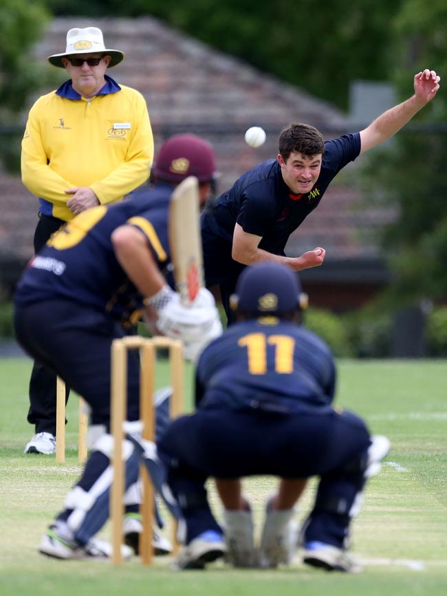 ECA: Mont Albert bowler in Chris Jackson in action. Picture: Stuart Milligan