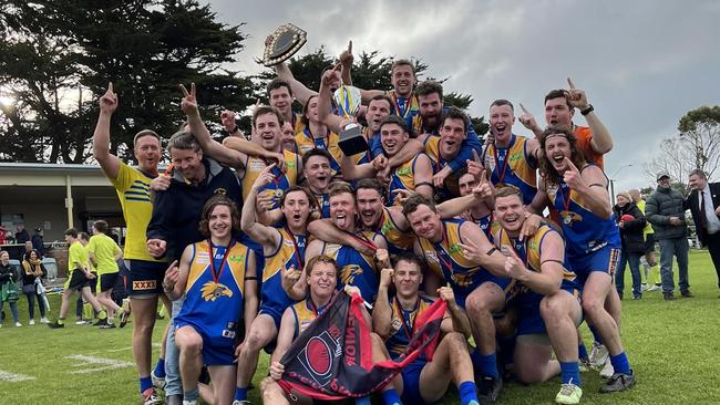 Hatherleigh celebrates its 2024 flag. Picture: Mid South Eastern Football League