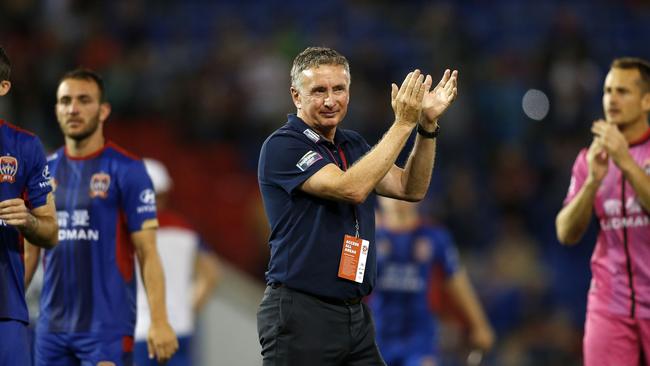 Jets coach Ernie Merrick applauds the crowd after the A-League Round 12 match between the Newcastle Jets and the Western Sydney Wanderers at McDonald Jones Stadium, Newcastle, Friday, December 22, 2017. (AAP Image/Darren Pateman) NO ARCHIVING, EDITORIAL USE ONLY