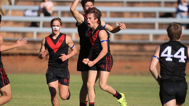 Rostrevor vice captain Tyson Walls celebrates a goal in the side's round three college football clash against Pembroke. Picture: Supplied, Claude Beltrame