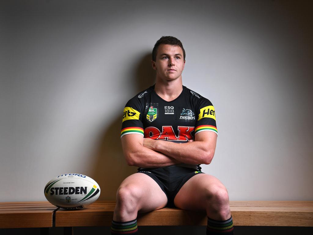 Dylan Edwards of the Panthers warms up before the NRL Round 7 match between  the Newcastle Knights and the Penrith Panthers at McDonald Jones Stadium in  Newcastle, Saturday, April 15, 2023. (AAP