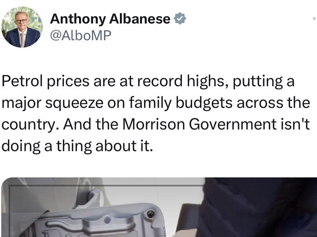 Twitter post from November 23, 2021 by Anthony Albanese criticising then Scott Morrison’s government over petrol prices. Photo: Twitter