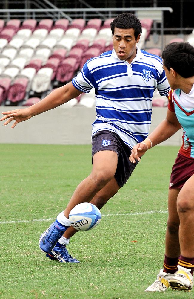Caleb Timu kicks the ball up for Nudgee College. He is one of the current GPS all-stars.