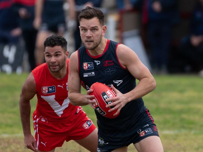 July 22, 2023: Action pics of SANFL game between North Adelaide and Norwood at Prospect Oval. NorwoodÃs Matthew Nunn with the ball. Picture: Naomi Jellicoe