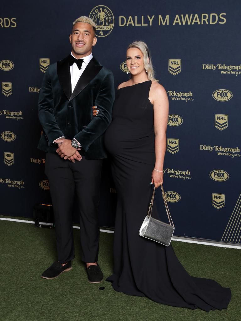 Bulldogs second rower Viliame Kikau dons the velvet suit jacket to ensure his style matches of his partner Brittany Carey. Picture: NewsWire / Christian Gilles