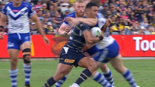 Bulldogs player Jack Hetherington was sent off against the Cowboys for this high hit. Picture: Fox