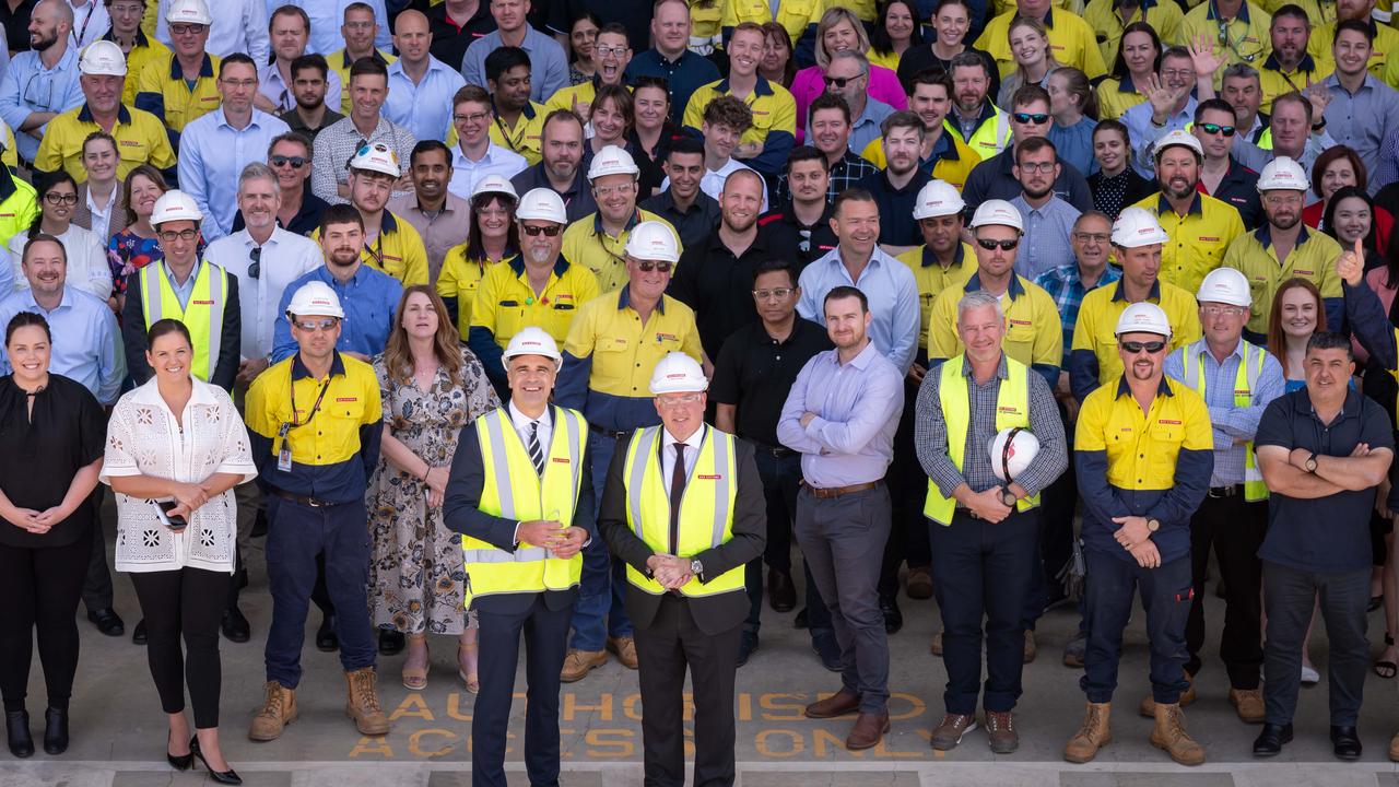 Premier Peter Malinauskas with BAE Systems Australia chief Craig Lockhart and workers at Osborne Naval Shipyard in November, 2023. Photo: Naomi Jellicoe