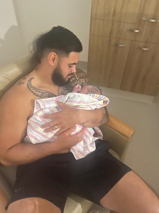 Royce Hunt finally made it to Sydney to meet his new baby.