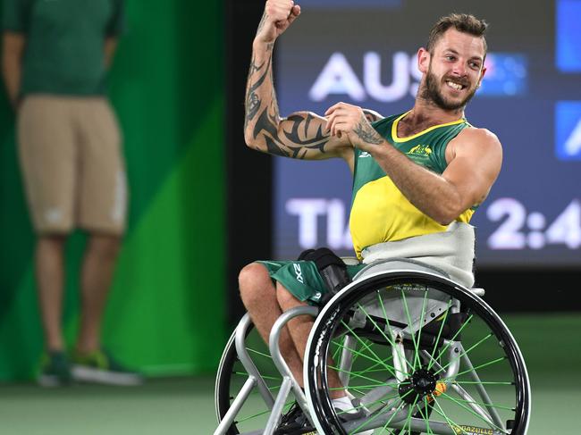 A supplied image obtained Thursday, Sept. 15, 2016 of Australian Dylan Alcott and Heath Davidson (pictured) winning gold in Quad Double wheelchair tennis final at Olympic Stadium during Day 6 of 2016 Paralympic Games in Rio de Janeiro Brazil, Tuesday Sept. 13, 2016. (AAP Image/Sport the Library, Courtney Crow)NO ARCHIVING, EDITORIAL USE ONLY