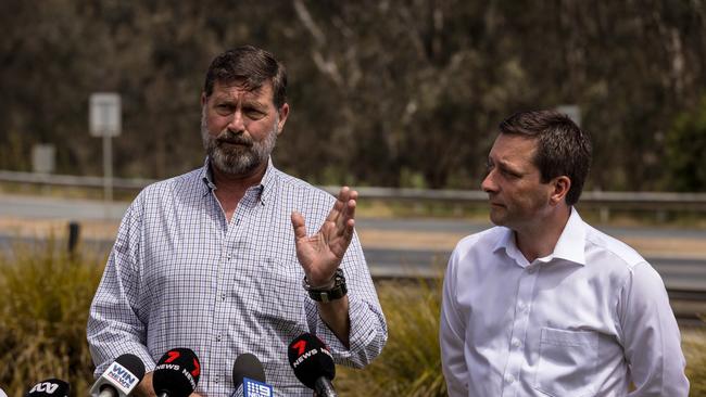 Benambra MP Bill Tilley, left, was joined in Wodonga by Liberal leader Matthew Guy in the final week of the election campaign. Picture: NCA NewsWire / Jason Robins