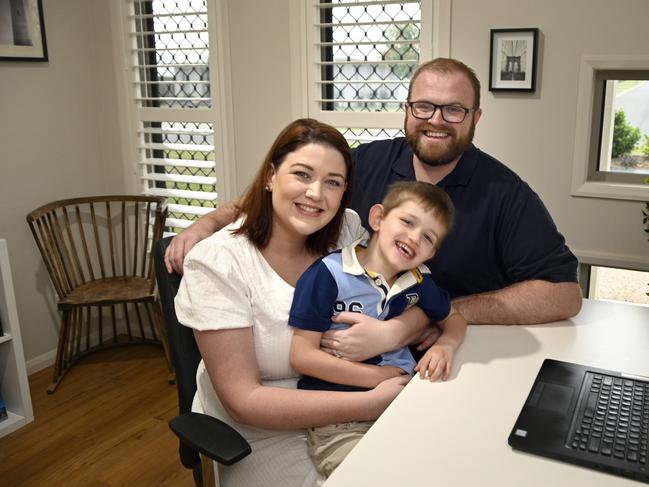 Lara Strohfeldt, 32, her husband Matthew Rhodes, 32, and son William, 5, recently relocated from Brisbane to Kleinton, near Toowoomba, and can do their jobs from their new base.