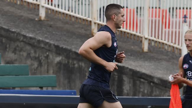 MELBOURNE , AUSTRALIA. February 16, 2024.  AFL. Carlton training at Princes Park, Carlton.  Jacob Weitering of the Blues doing slow running  during training today  . Pic: Michael Klein