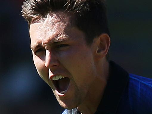 New Zealand's Trent Boult celebrates his 5th wicket bowling Mitchell Starc during ICC Cricket World Cup match between Australia and New Zealand in Auckland. pic. Phil Hillyard