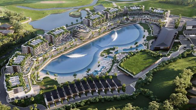 New designs showing an aerial shot of the $300m wave pool tourism attraction at Parkwood on the Gold Coast.