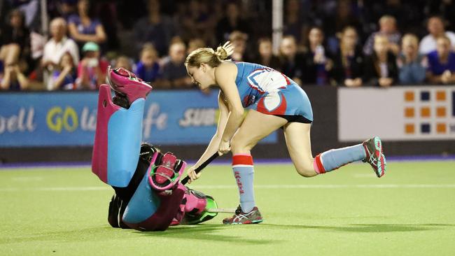 Action from the 2017 Cairns Hockey A Grade Women's grand final match between Souths and Saints. Souths goal keeper Layla Parker stops a goal in the penalty shootout. Picture: BRENDAN RADKE