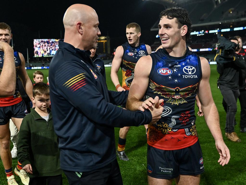 Hugh Bond and Matthew Nicks after Adelaide’s win over St Kilda. Picture: Mark Brake/Getty Images