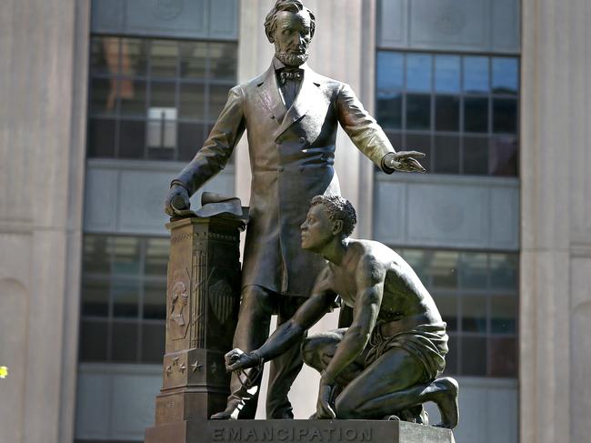 BOSTON, MA - JUNE 12: The "Great Emancipator" emancipation memorial of Abraham Lincoln standing over a kneeling freed slave in Boston's Park Square on June 12, 2020. Tory Bullock, a millennial writer, actor, and social media influencer, appealed to Mayor Martin J. Walsh to remove the memorial. He launched a petition drive toward that goal, urging protesters to never stop pushing for change. (Photo by Barry Chin/The Boston Globe via Getty Images)