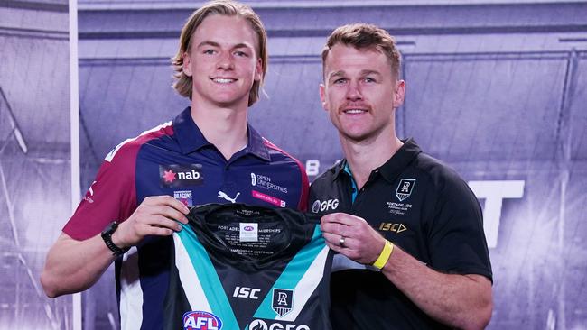 Power recruit Miles Bergman (left) with Robbie Gray. Picture: AAP Image/Michael Dodge