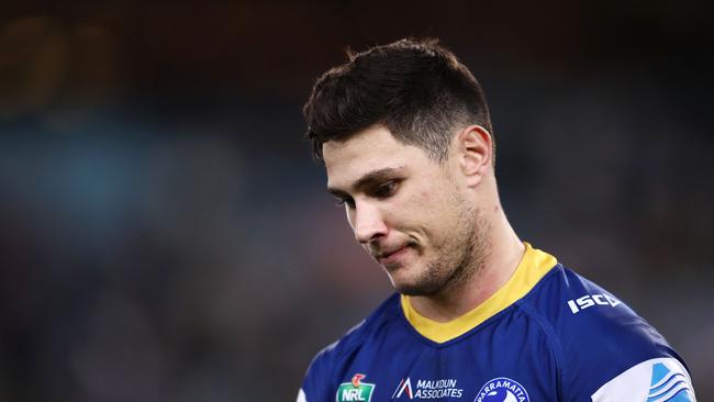 SYDNEY, AUSTRALIA — JULY 28: Mitchell Moses of the Eels looks dejected after defeat during the round 20 NRL match between the South Sydney Rabbitohs and the Parramatta Eels at ANZ Stadium on July 28, 2018 in Sydney, Australia. (Photo by Mark Kolbe/Getty Images)