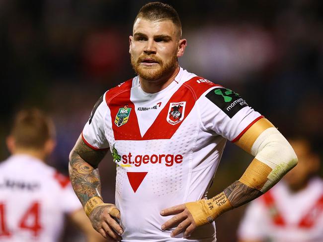 WOLLONGONG, AUSTRALIA - AUGUST 20: Josh Dugan of the Dragons looks on during the round 24 NRL match between the St George Illawarra Dragons and the Penrith Panthers at WIN Stadium on August 20, 2015 in Wollongong, Australia. (Photo by Mark Nolan/Getty Images)