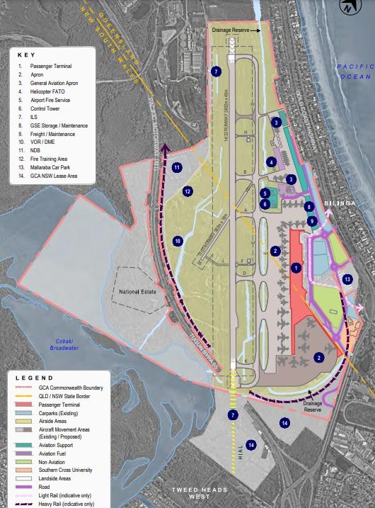 An image from the airport’s master plan showing how heavy rail and tram lines would reach the campus.